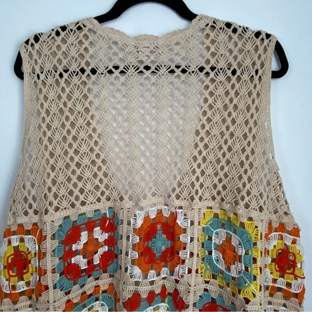 Cato Tan Floral Crochet Vest Women’s Plus Sz 18/20 Granny Square Hippie 70’s - Picture 4 of 12